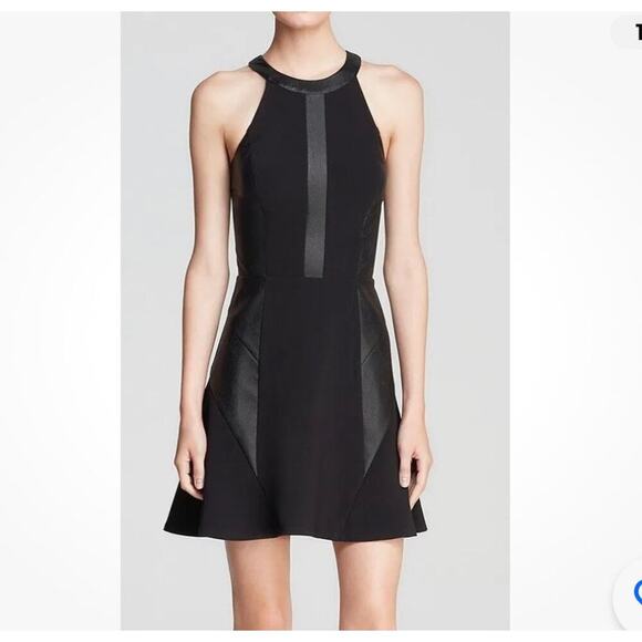 GUESS Jet Black Faux Textured Leather Stretch Ponte Fit & Flare Dress SZ 2 LBD - Picture 1 of 13